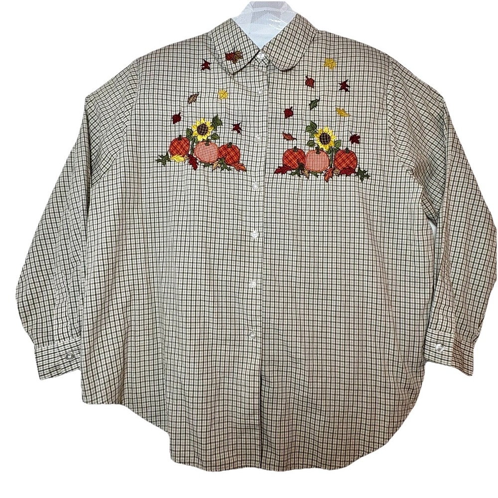 Fall Halloween Women's Button Up Dress Shirt Sz 1x VTG Karen Scott Shoulder Pads